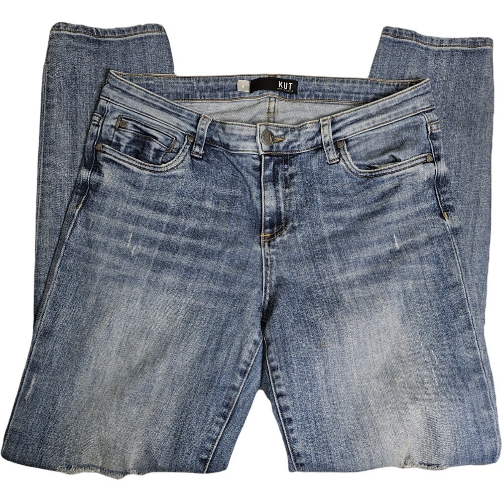Kut Jeans Medium Wash Straight Leg Mid Rise Distressed Front Zip Fly Sz 8